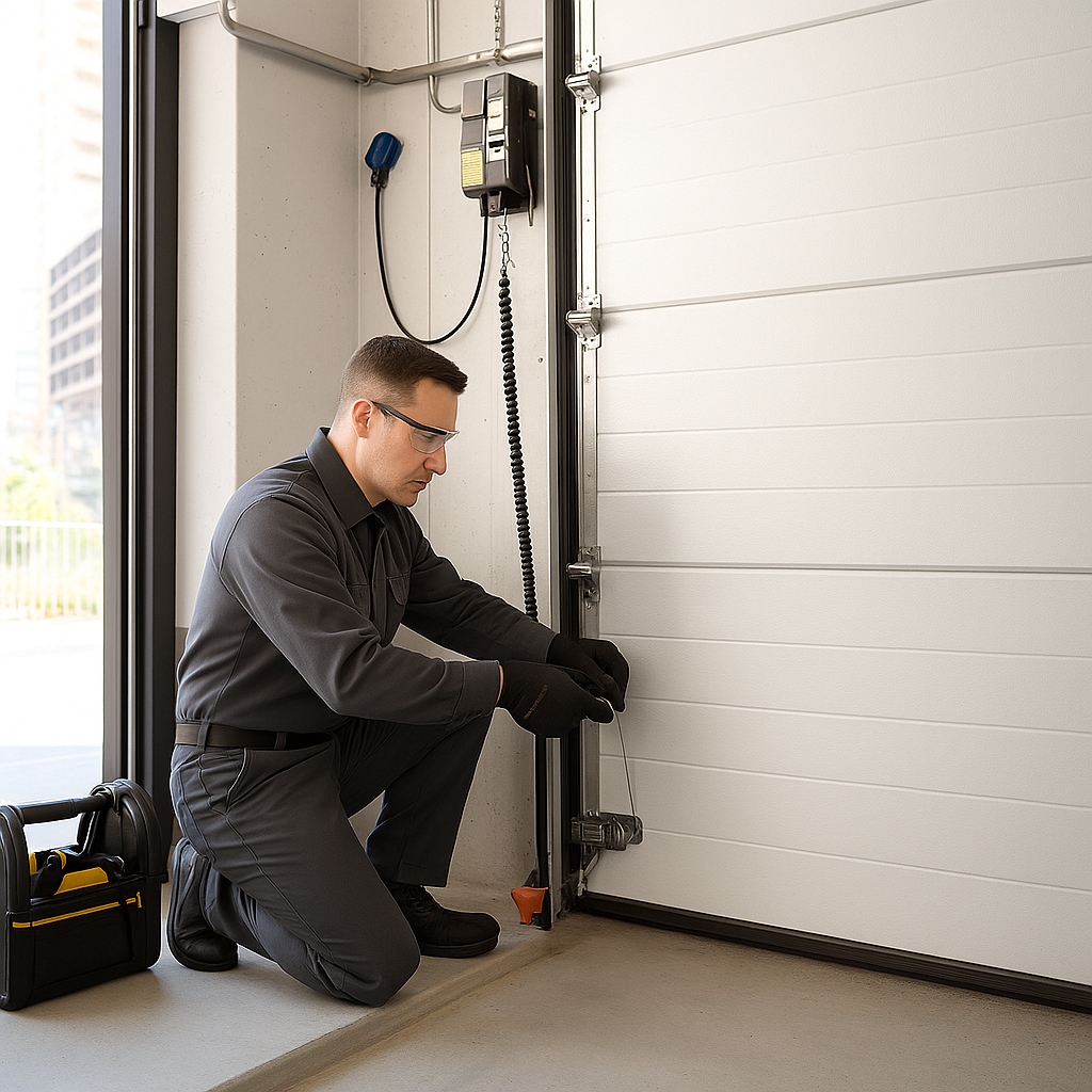 Garage-Door-4U-technician-repairing-door-mechanism-at-business-facility