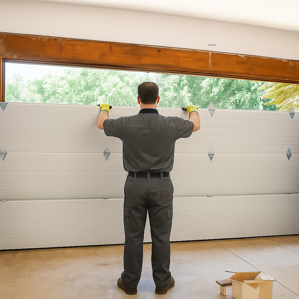 Garage door technician installing a new residential garage door for homeowners