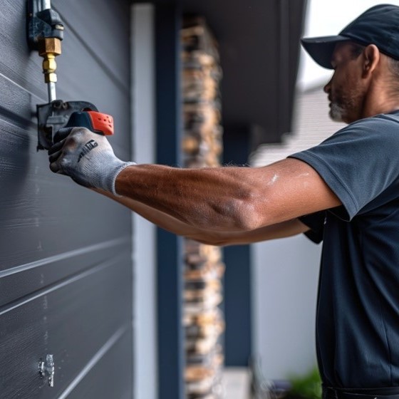 Professional worker fixing a garage door panel with a drill during repair service